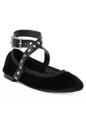 CHARLES DAVID Stud Ballet Flat Black Velvet Ankle Strap Whimsigoth NWOT 7.5